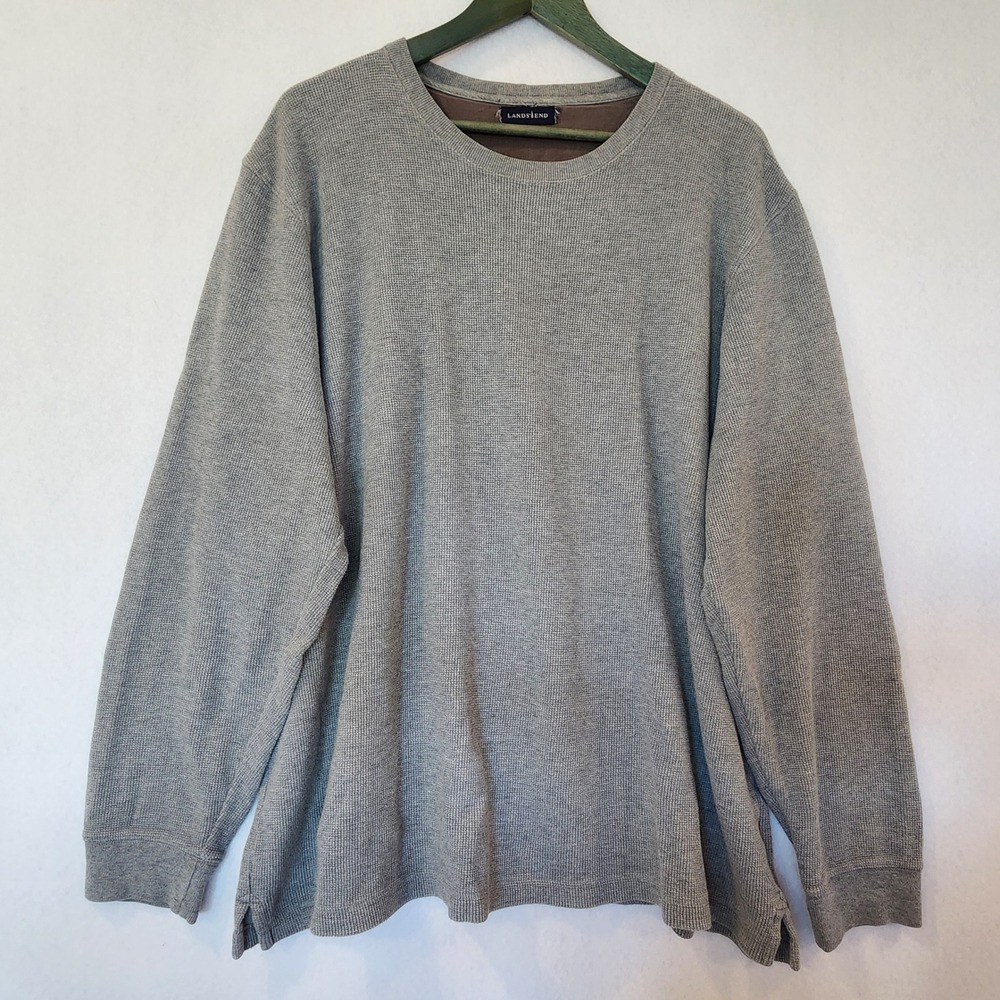 Lands End Mens Gray Waffle Knit Thermal Long Sleeve Crewneck Shirt XL